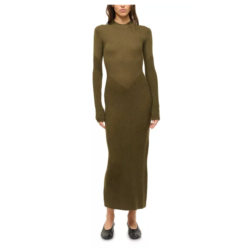 STAUD Ramona Dress Sergeant Green Ribbed Wool Blend Knit Midi Women Sz XS